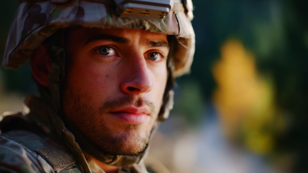 Primo piano di un giovane soldato in tenuta militare che cattura la sua espressione intensa e la sua determinazione su uno sfondo naturale dai vivaci colori autunnali