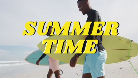 animation of summer time text over african american men with surfboards