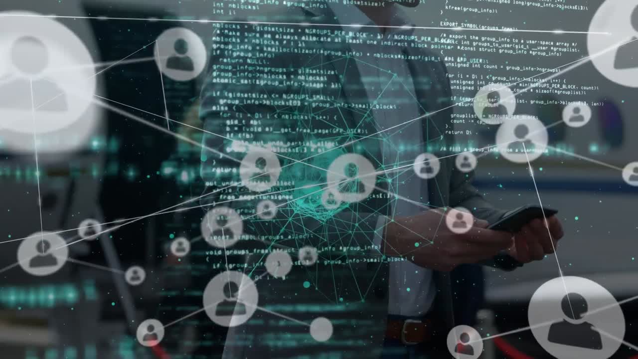 스마트 폰을 사용하는 코카시안 사업가의 손을 통해 연결 네트워크의 애니메이션