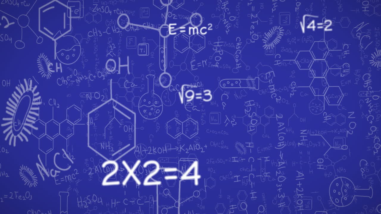 animación de dibujos médicos, ecuaciones matemáticas y diagramas sobre un fondo azul