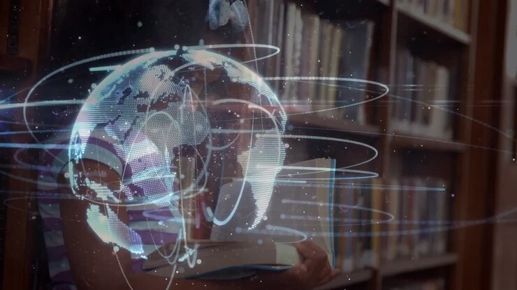 Animation of digital globe over african american schoolgirl reading book