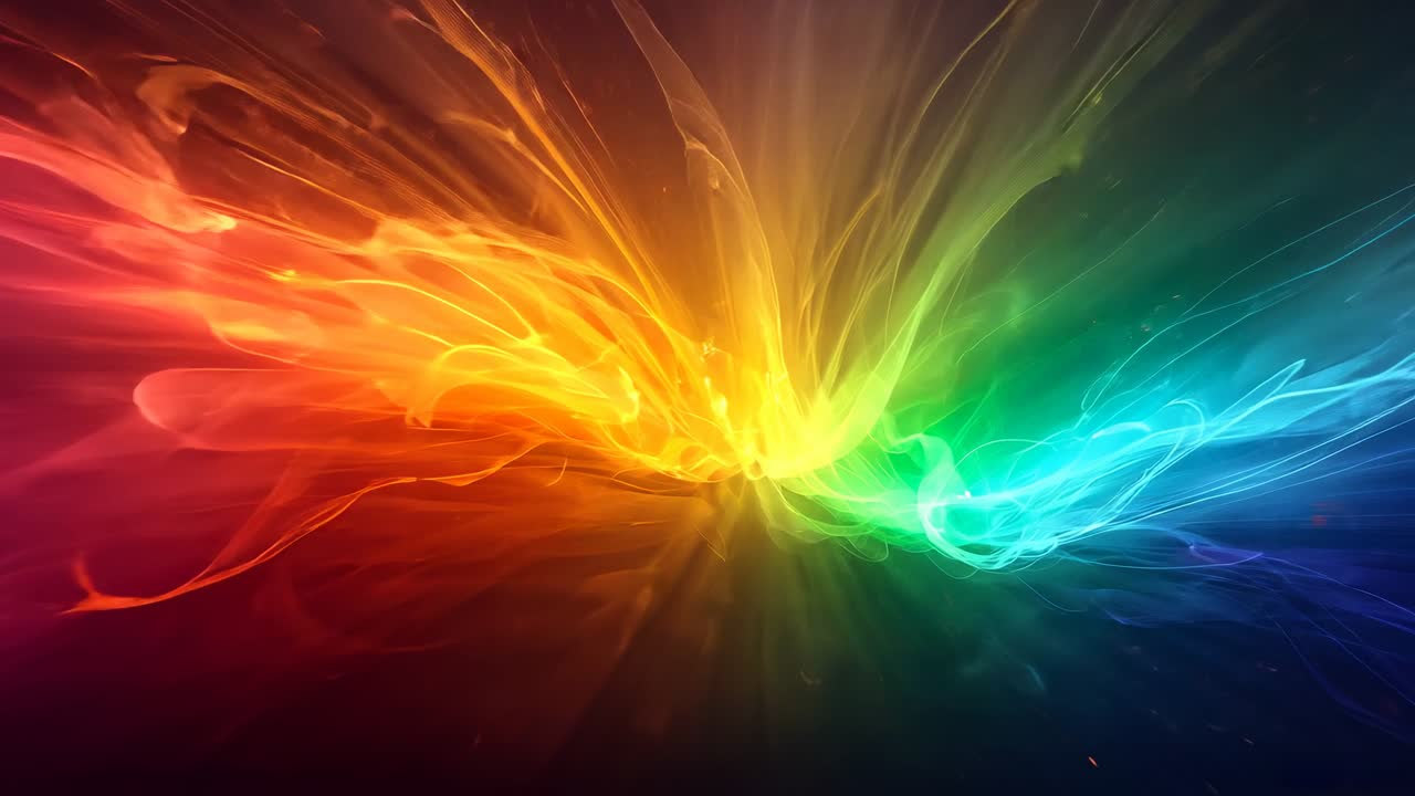 Flaring rainbow light converging into arc against black void, red circle sweeping, descending beam