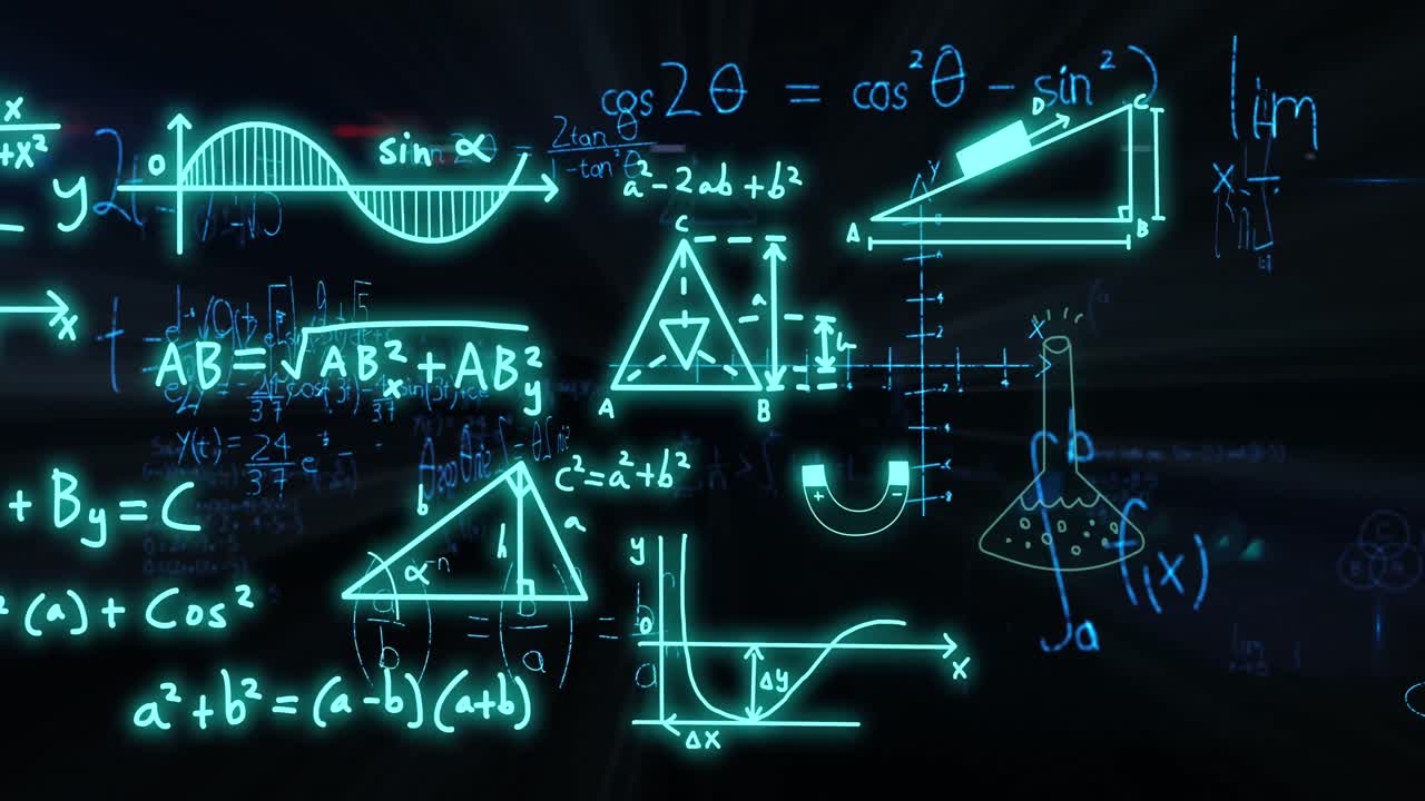 animación de fórmulas matemáticas y procesamiento de datos científicos sobre un fondo negro