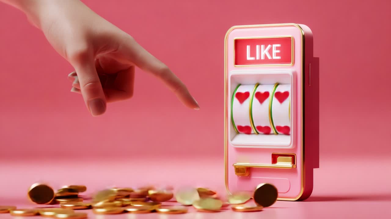 A hand reaches out to a colorful slot machine with hearts and coins, symbolizing luck and positive interactions in a playful, vibrant setting full of engagement and excitement