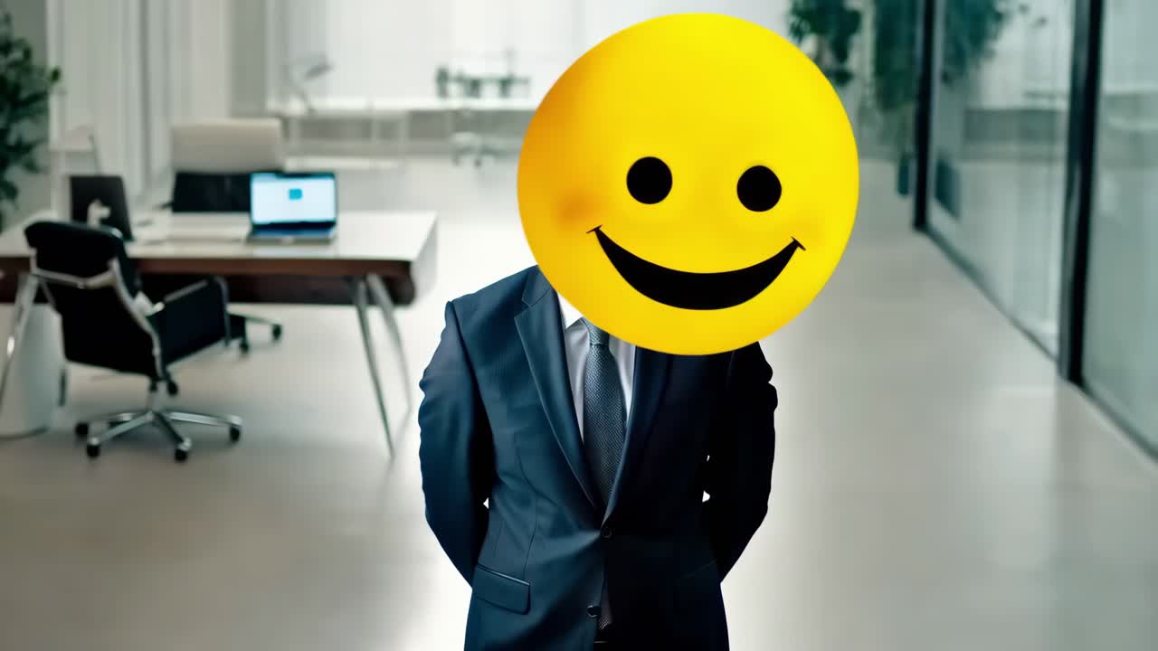 현대적 인 사무실 에서 미소 짓는 얼굴 마스크 를 착용 한 사업가