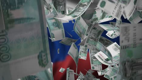 russian ruble bills falling against the russian flag