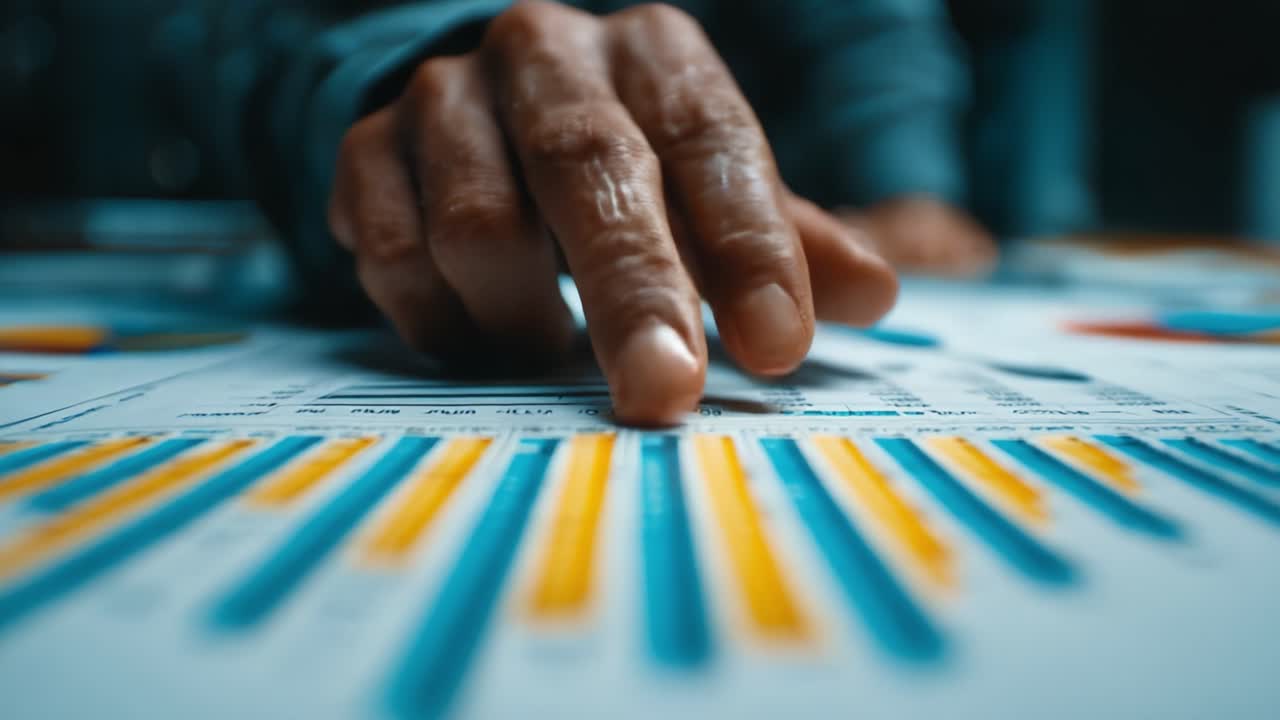Analyzing Data Trends Through Vibrant Visuals: A Close-Up on Hands Interacting with Graphs and Charts to Uncover Insights in Statistics and Performance Metrics