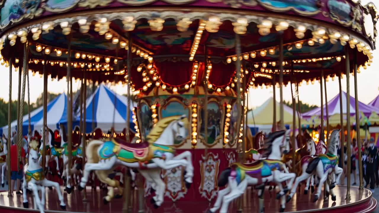 Blurred carousel lights create a dreamy, nostalgic effect. Shot from a low angle, the video captures