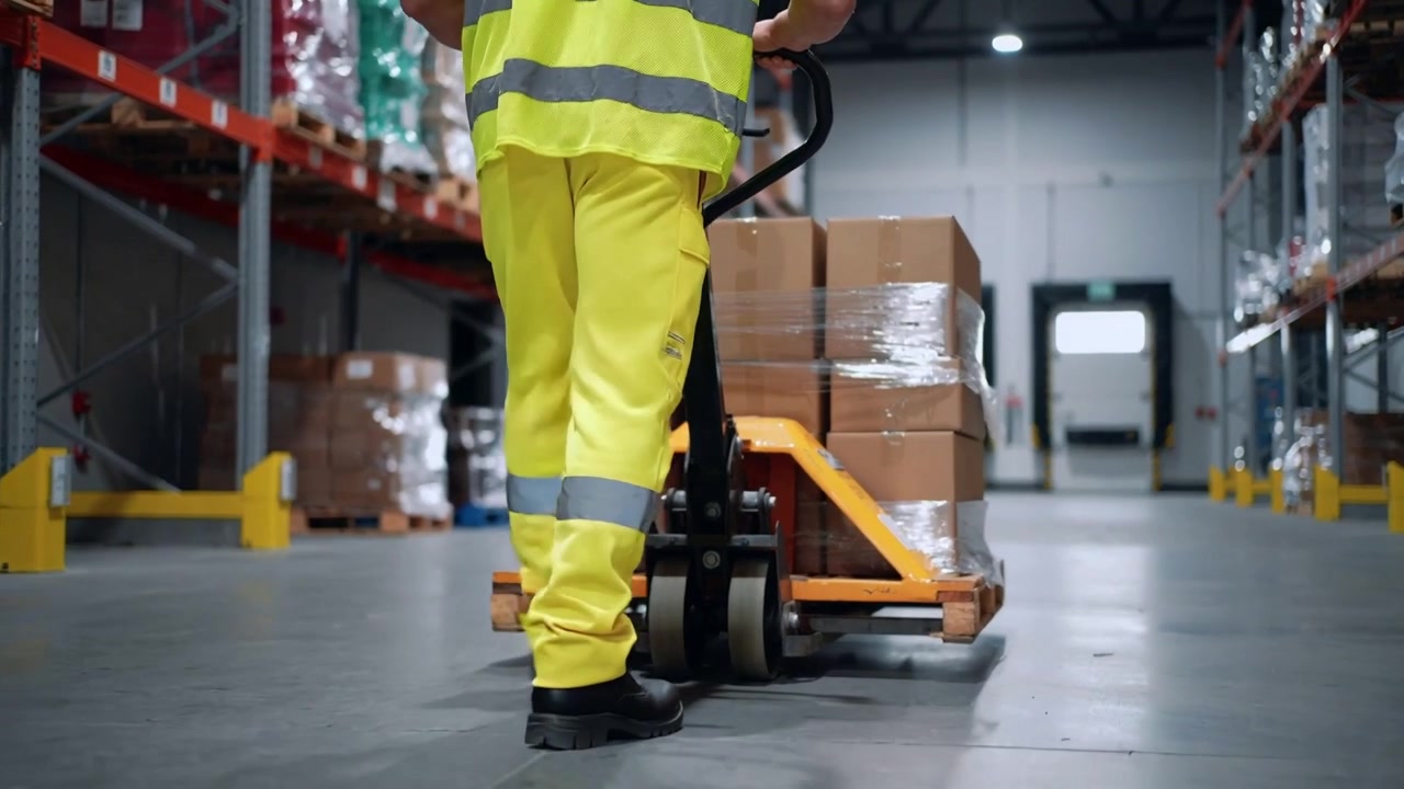 Magazziniere che impugna un transpallet, trascina un pallet carico verso la banchina di carico, indossando un giubbotto giallo.