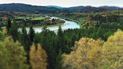 a shallow winding river with a sandy bottom meanders through a lush valley surrounded by autumn-colored trees, with mountains in the distance