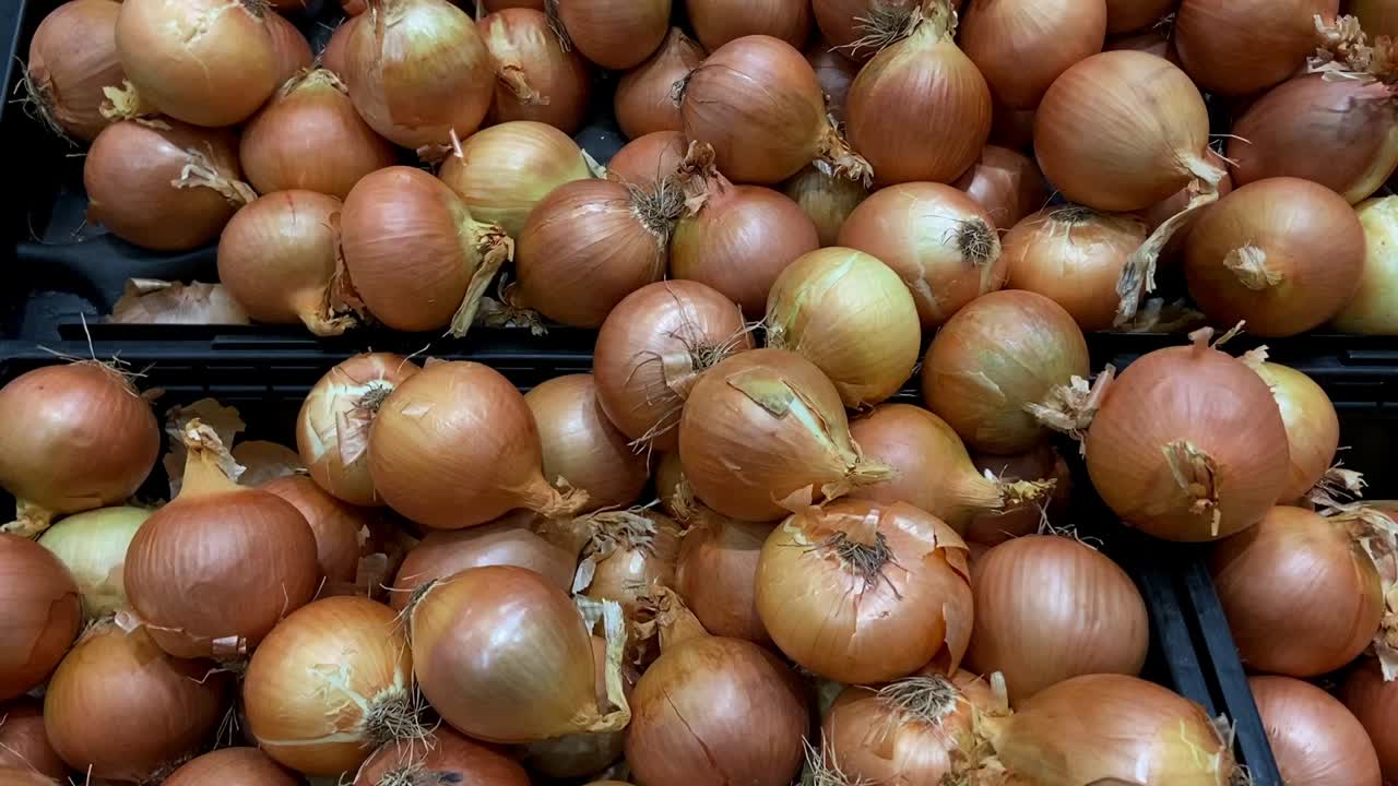 Fresh large organic onions in the basket