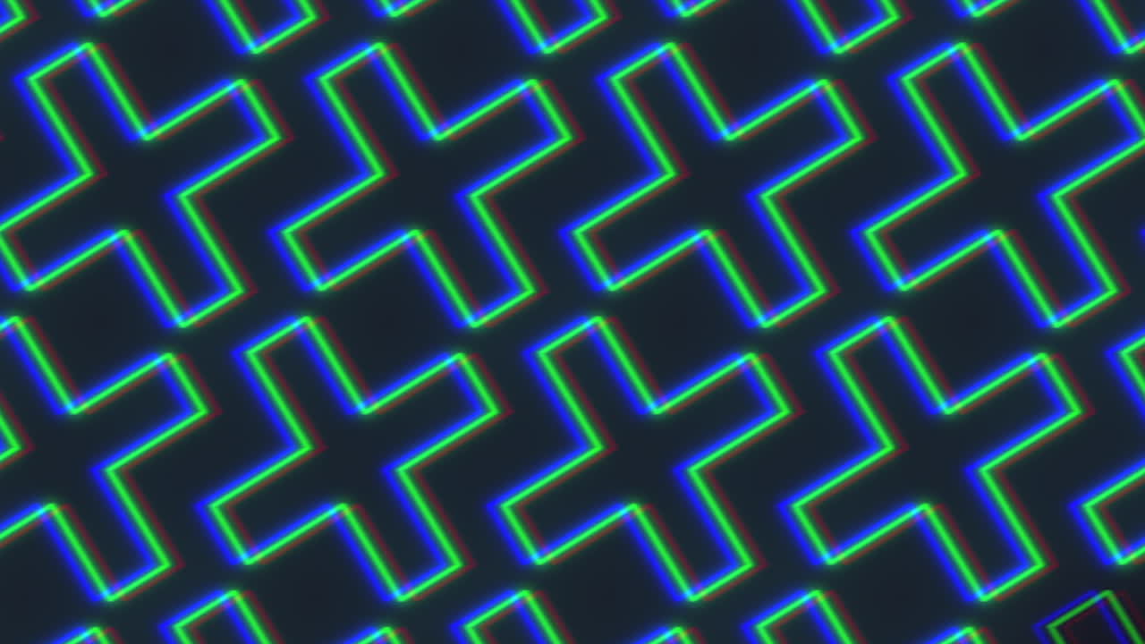 Seamless neon plus sign glitch pattern footage featuring colorful RGB cross shapes on a dark background, ideal as a modern abstract motion background for music videos, events, and digital design