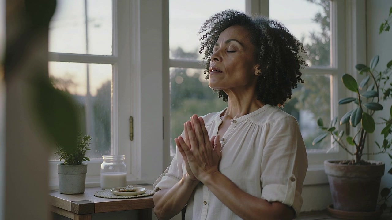 Mulher respirando, vestindo blusa clara de mangas dobradas, junto ao parapeito da janela enquanto a luz quente ilumina suavemente as plantas em um vaso