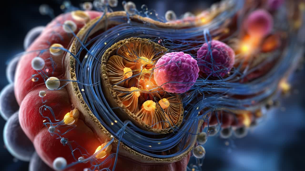 An Intricate Close-Up of Cellular Structures Revealing Dynamic Interactions Between Organelles and Particles in a Vibrant Biological Environment