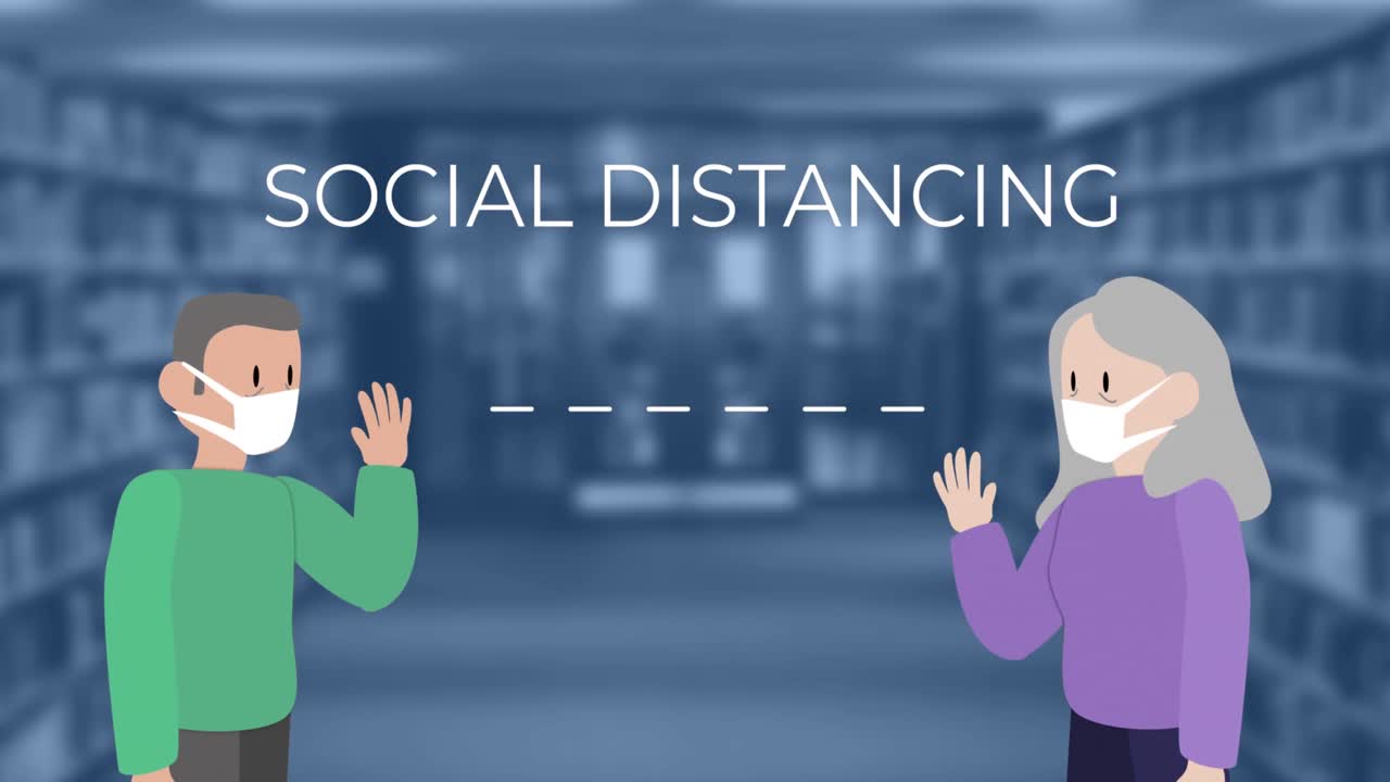 Animation af folk, der bærer mundbind og social distancering.