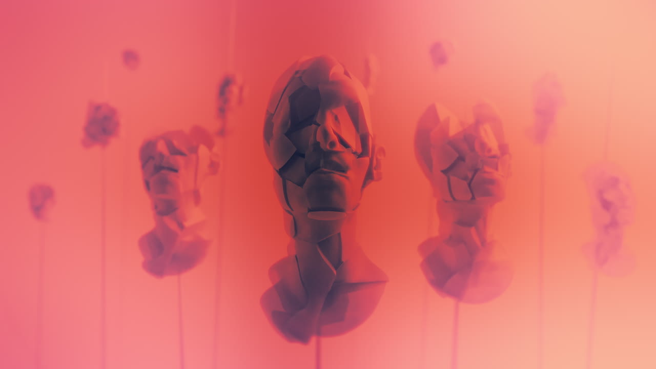 Destroyed android heads on spikes on the neon pink background