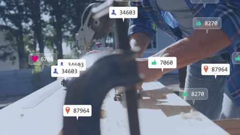 social media interaction icons animation over person working with woodworking tools