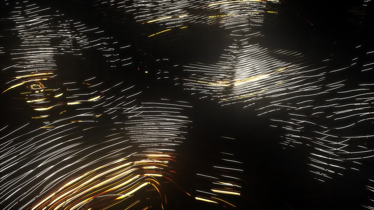 Deformed wavy wires with motion glowing elements at black background. Depth of field. 3D render loop animation