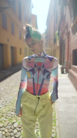 young woman in colorful street outfit