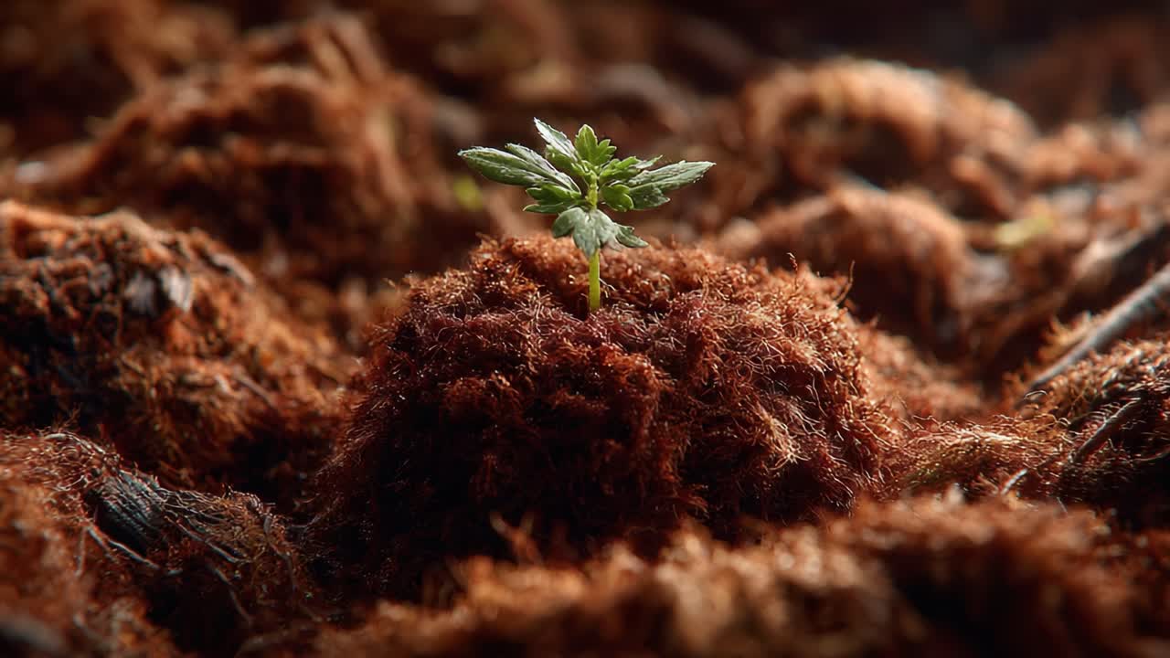 Nurtured Growth: A Sprouting Seedling Emerges from Rich Organic Substrate, Representing the Essence of Nature and Renewal in a Vibrant Ecosystem