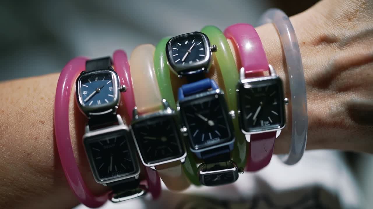 Vidéo verticale : Poignet féminin en rotation, montres changeantes, affichant des cadrans carrés colorés pour la mode.