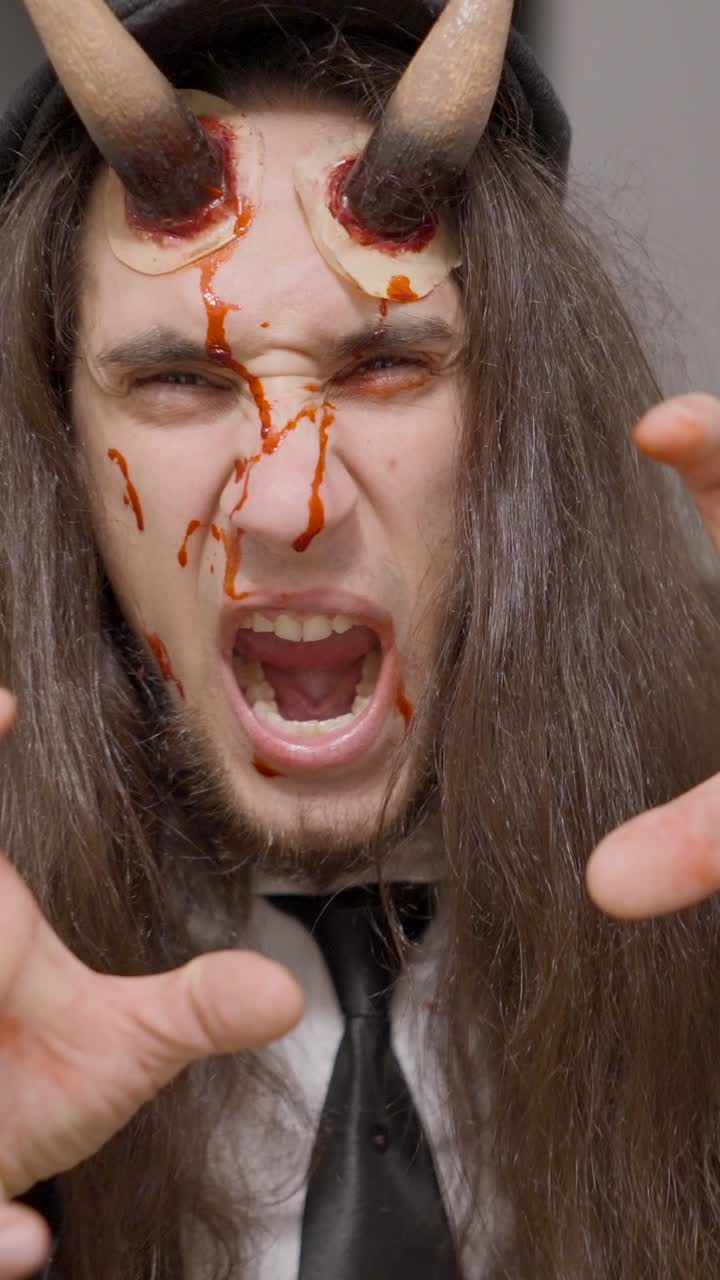 Man in Demon Costume with Special Effects Makeup and Aggressive Expressions
