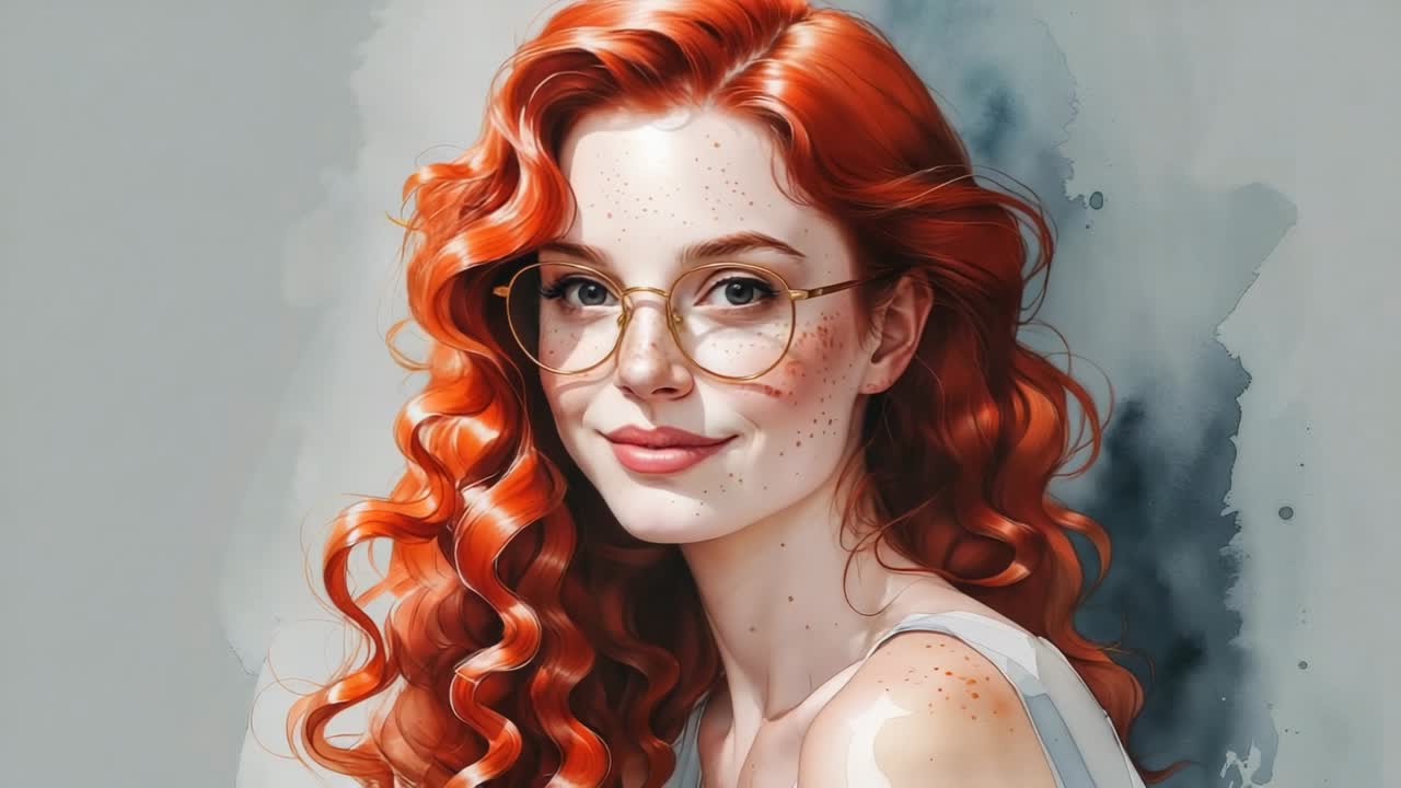 Starting playback red-haired woman remaining still in gray studio, with round eyeglasses
