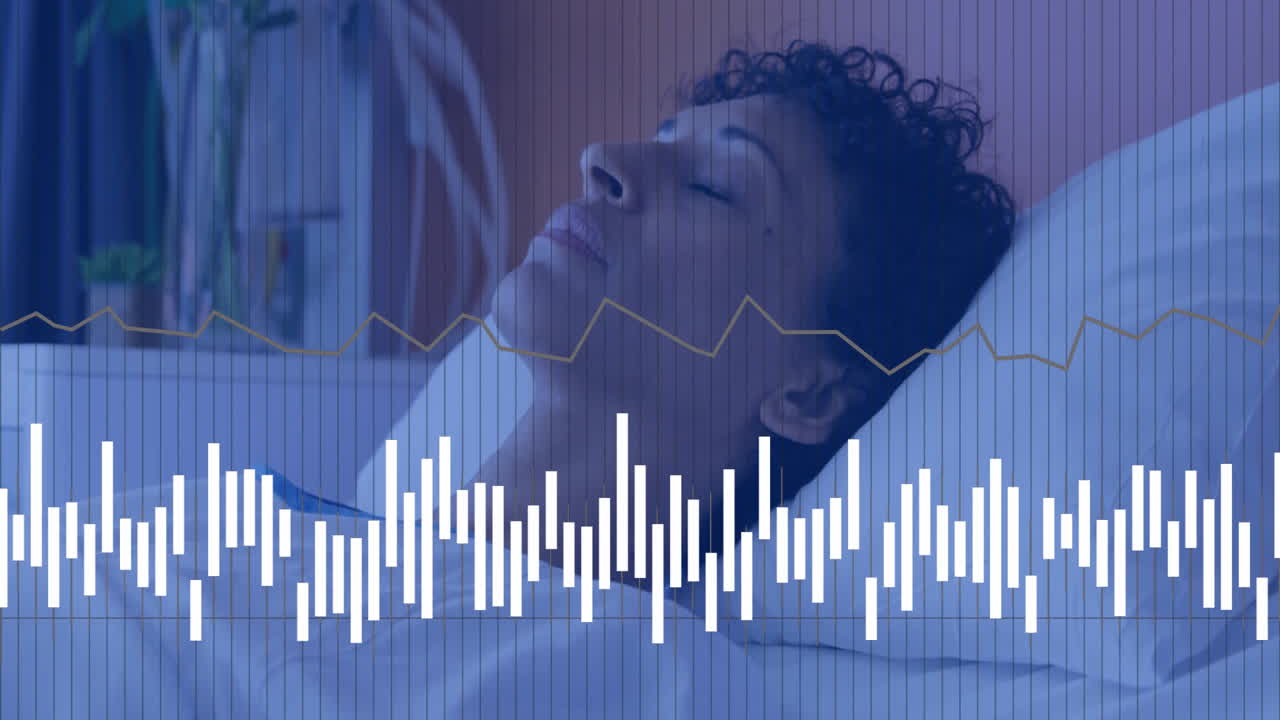 Sleeping person in bed with brainwave data animation overlaying in bedroom