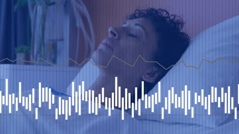 sleeping person in bed with brainwave data animation overlaying in bedroom