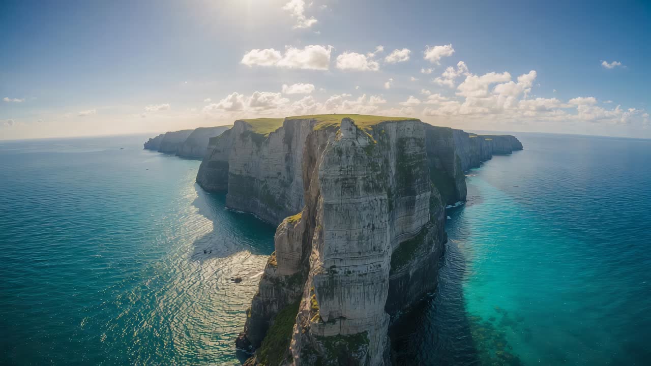 Lancement de drone reculant, filmant une falaise côtière et une herbe au sommet, plus un bateau montrant un océan bicolore
