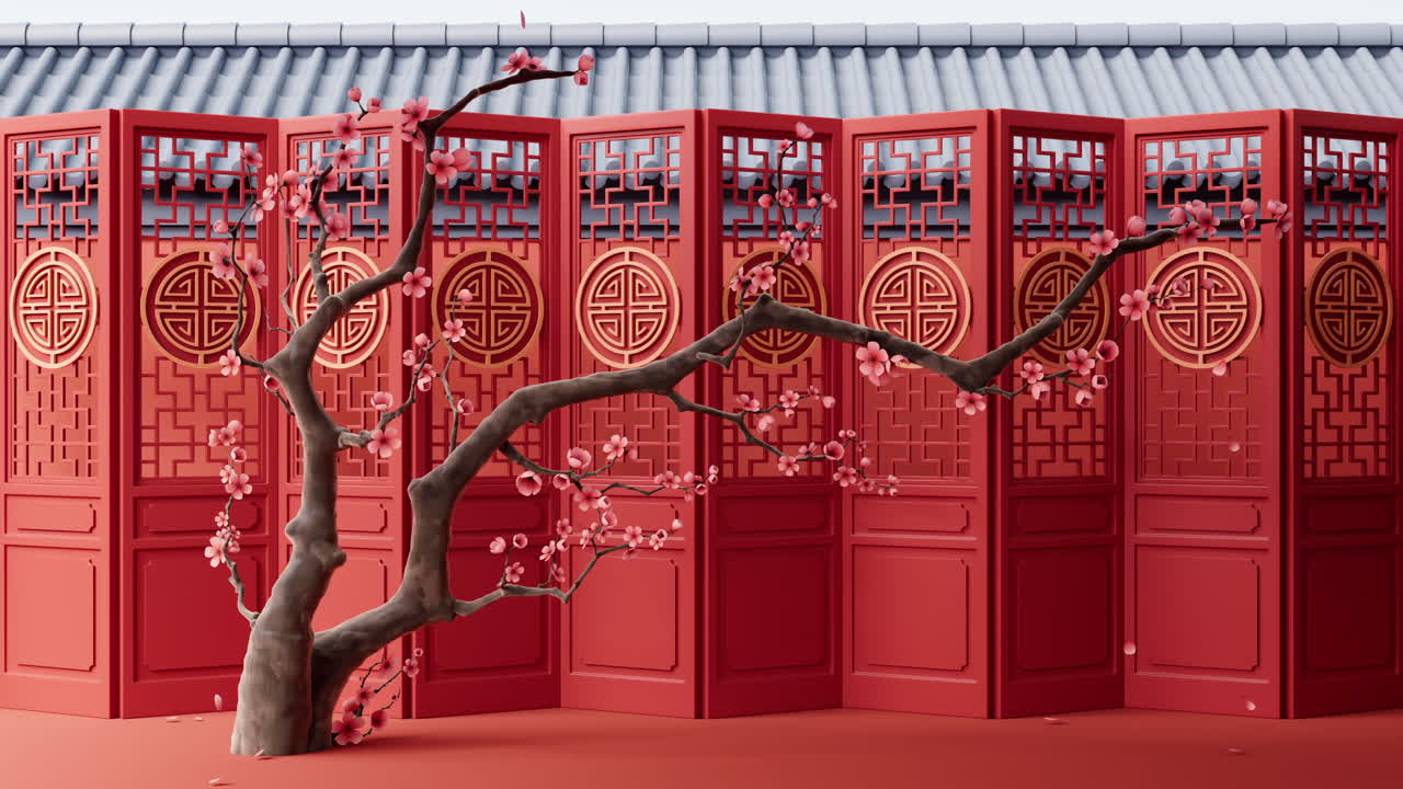 flor de ciruela con puertas antiguas chinas, renderización en 3d.