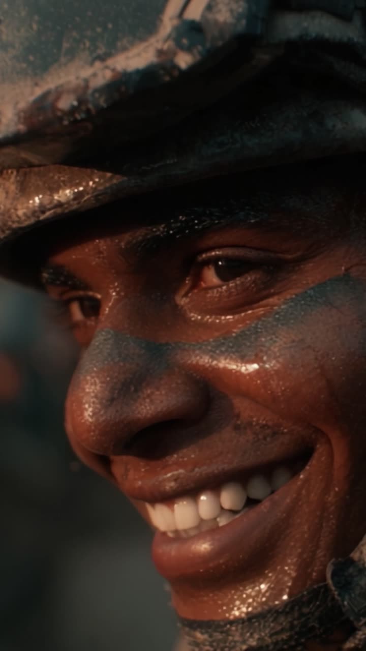A Joyful Soldier's Smile: Capturing the Resilience and Spirit of a Combatant Embracing Life Amidst Challenges in a Gritty Military Context