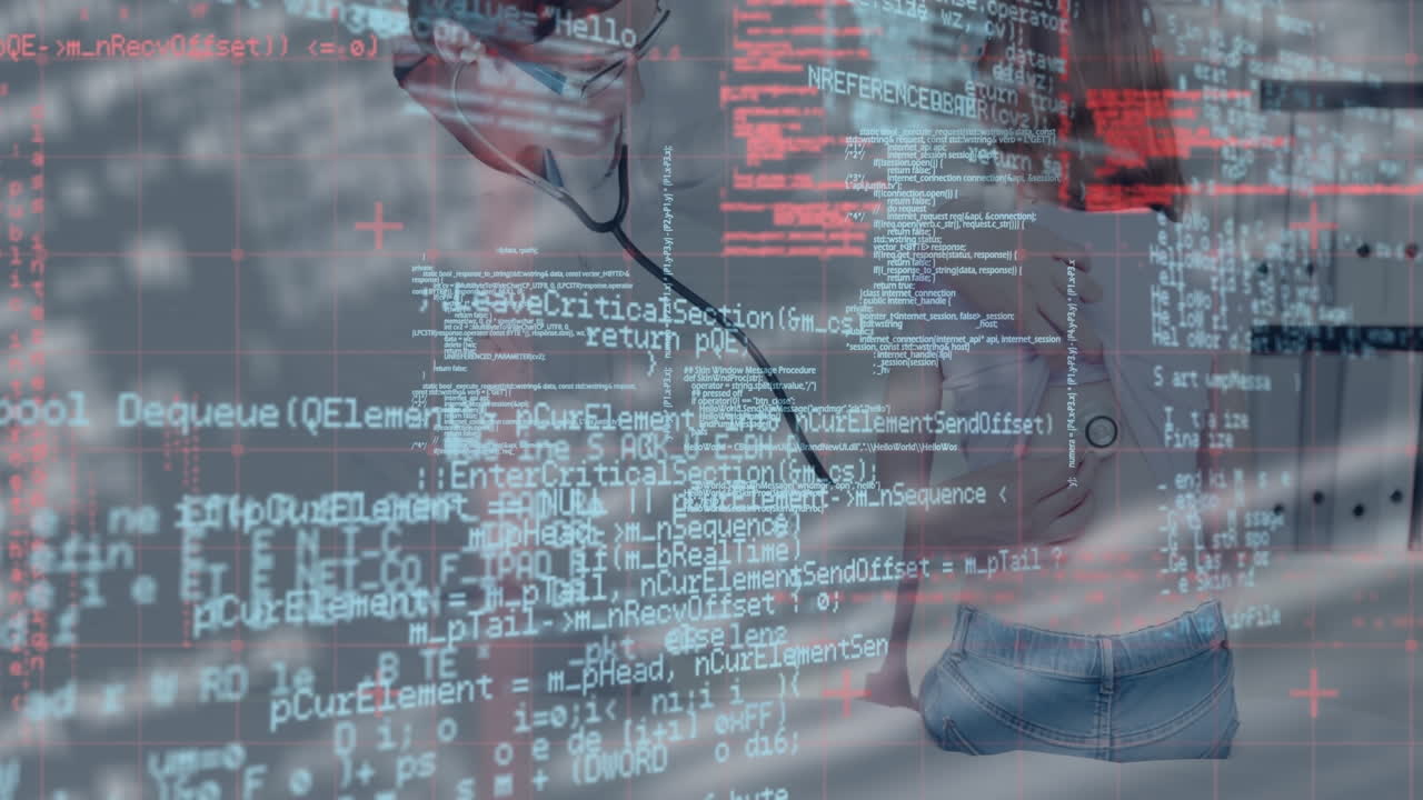 procesamiento de datos sobre una doctora caucásica examinando la espalda de una niña caucásica en el hospital