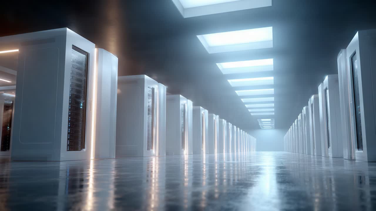A Futuristic Data Center Interior Showcasing Rows of Server Racks Illuminated by Modern Lighting and a Sleek Design in an Expansive Space