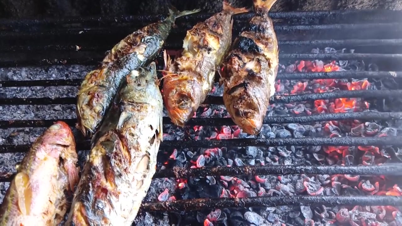 Pesce grigliato affumicato su fiamme di carbone. Rallentatore