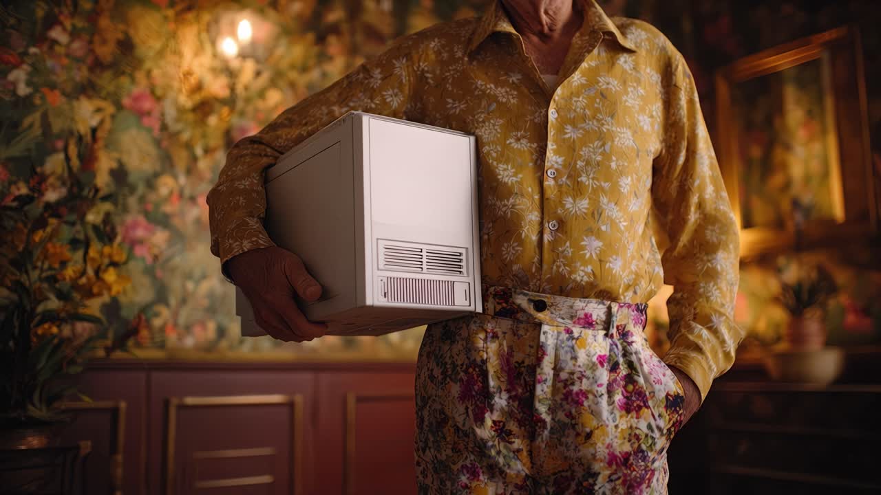 Un personaggio in stile vintage stringe un vecchio computer in una stanza a tema floreale, esprimendo un connubio di nostalgia e curiosità su uno sfondo riccamente texturizzato.