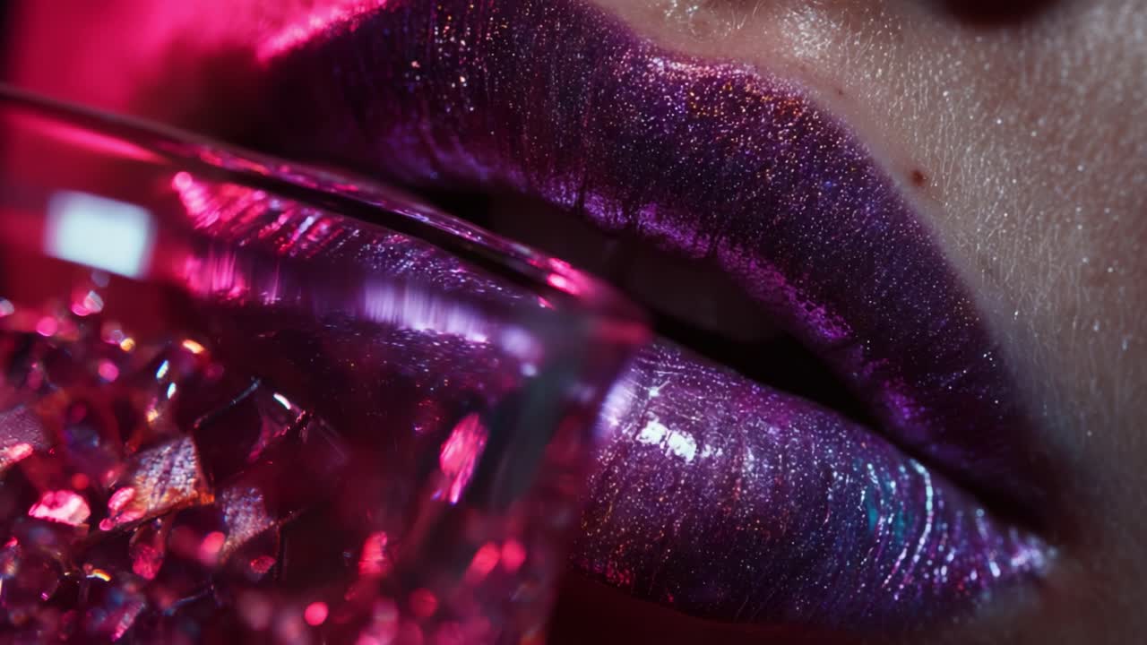 Primo piano di labbra lucide valorizzate da glitter scintillanti e colori vivaci, che mostrano l'effetto accattivante di superfici riflettenti e applicazioni artistiche di makeup per un audace impatto estetico