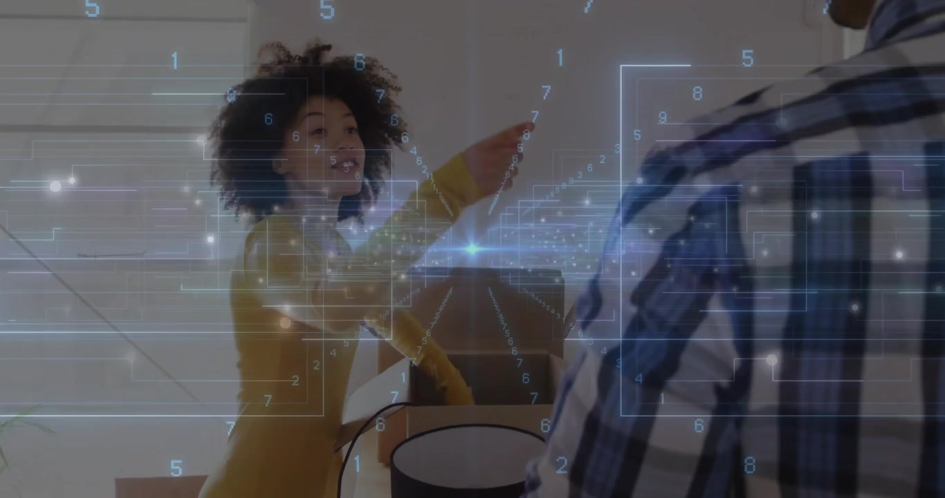 Woman Unpacking Box in New Home with Digital Data Overlay