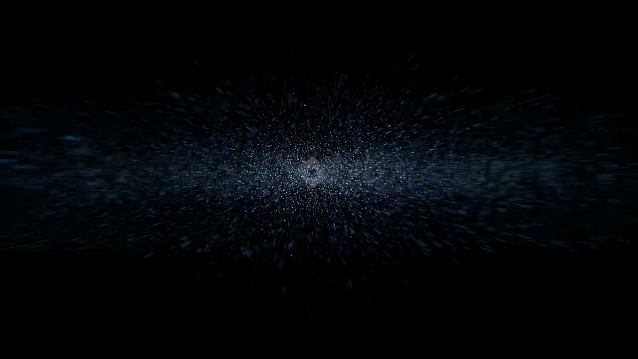 フレームが進むにつれて暗い空間に広がる、中心の発光粒子クラウドが帯を形成する。