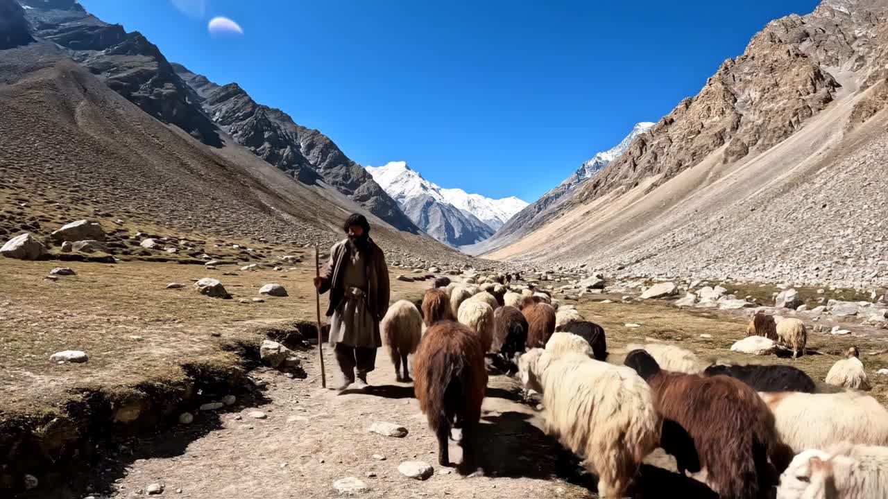 Shepherd Leading Sheep Through Mountain Valley
