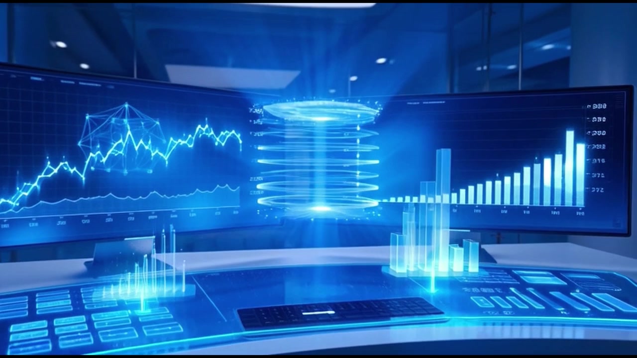 Futuristic Financial Trading Desk with Holographic Data Displays