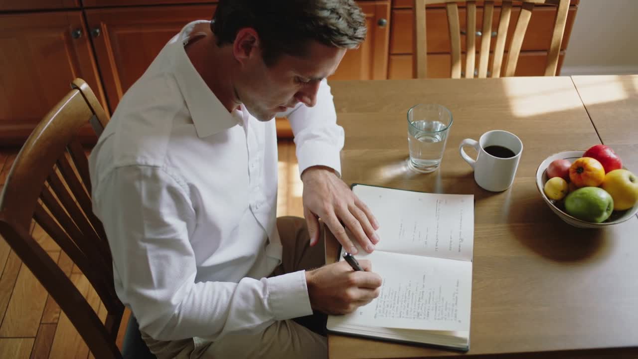 Abrindo caderno, homem adulto de camisa branca escrevendo anotações na mesa de jantar em casa com caneta e caneca