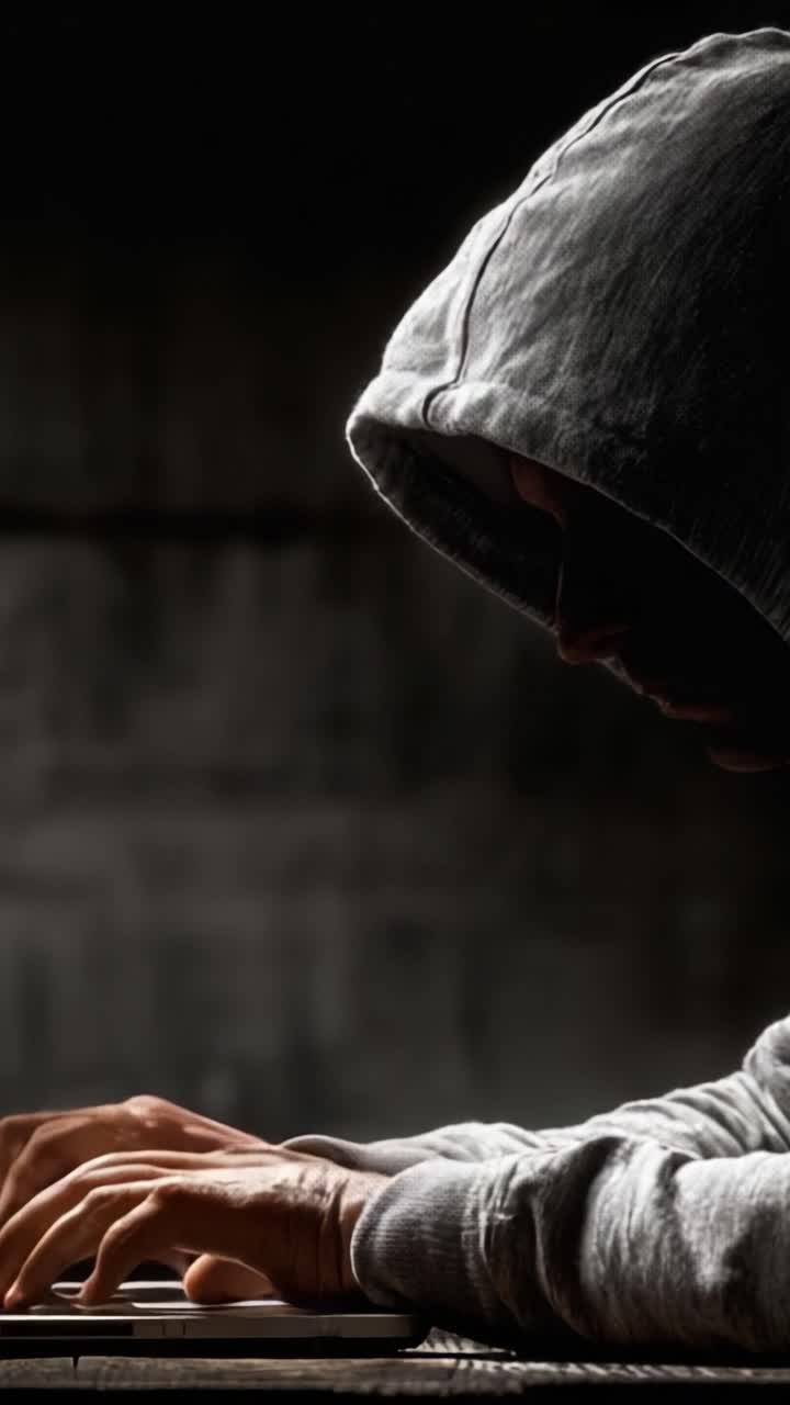 Una figura misteriosa nell'ombra: l'intensità della concentrazione e della segretezza nell'era digitale catturata in due scatti suggestivi.