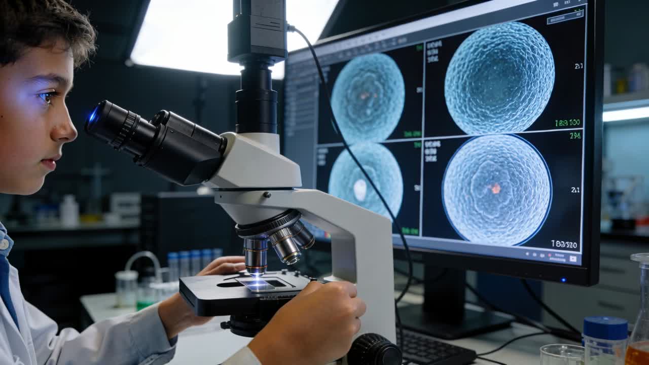 Bambino con camice da laboratorio che regola il microscopio su un banco di laboratorio dopo aver preparato un vetrino, con un monitor che mostra cellule e spazio per il testo.