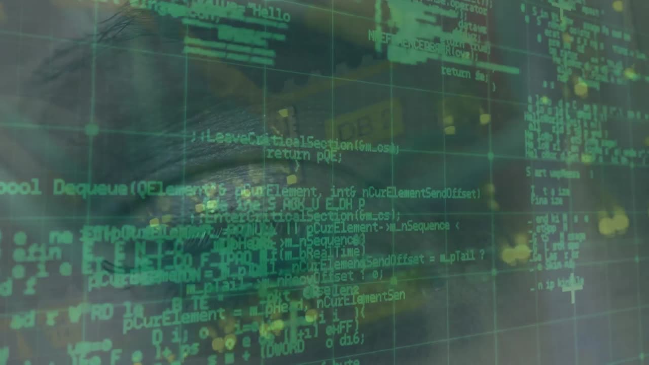 Animation of data processing over caucasian woman's face