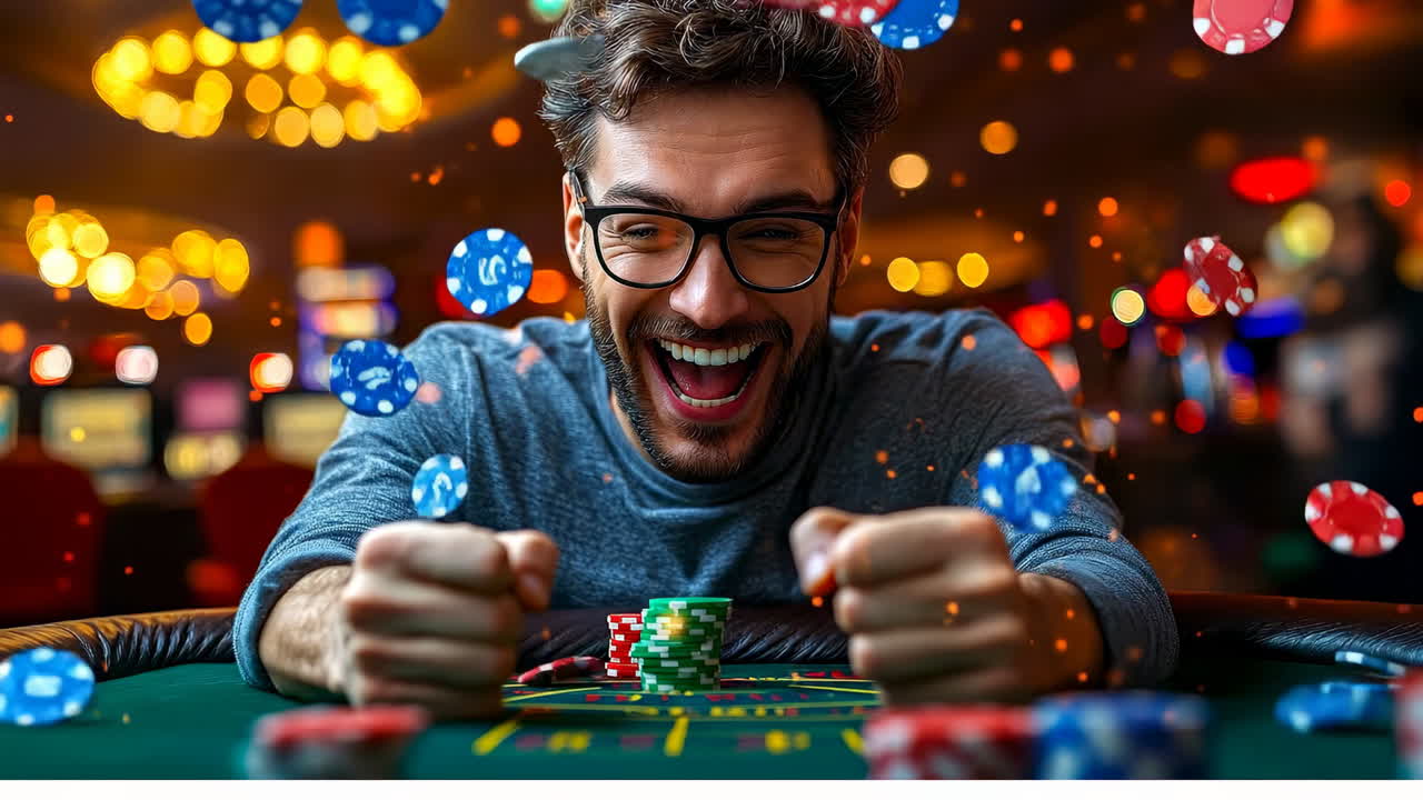 Excited player wins at the casino table. A young man enjoys his victory at a casino table, celebrating as chips fly in the air and lights twinkle around him