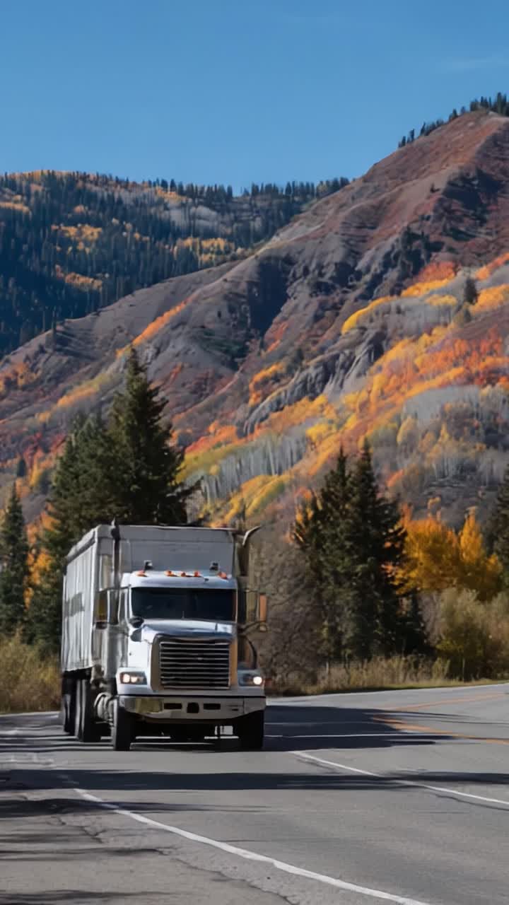 Un camion percorre vivaci paesaggi autunnali, mettendo in mostra viste mozzafiato sulle montagne e un fogliame colorato lungo una strada panoramica