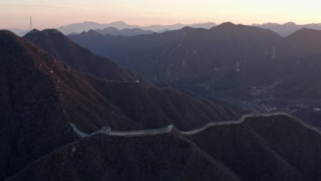 Aerial-Shot-of-Great-Wall-of-China-at-Sunset