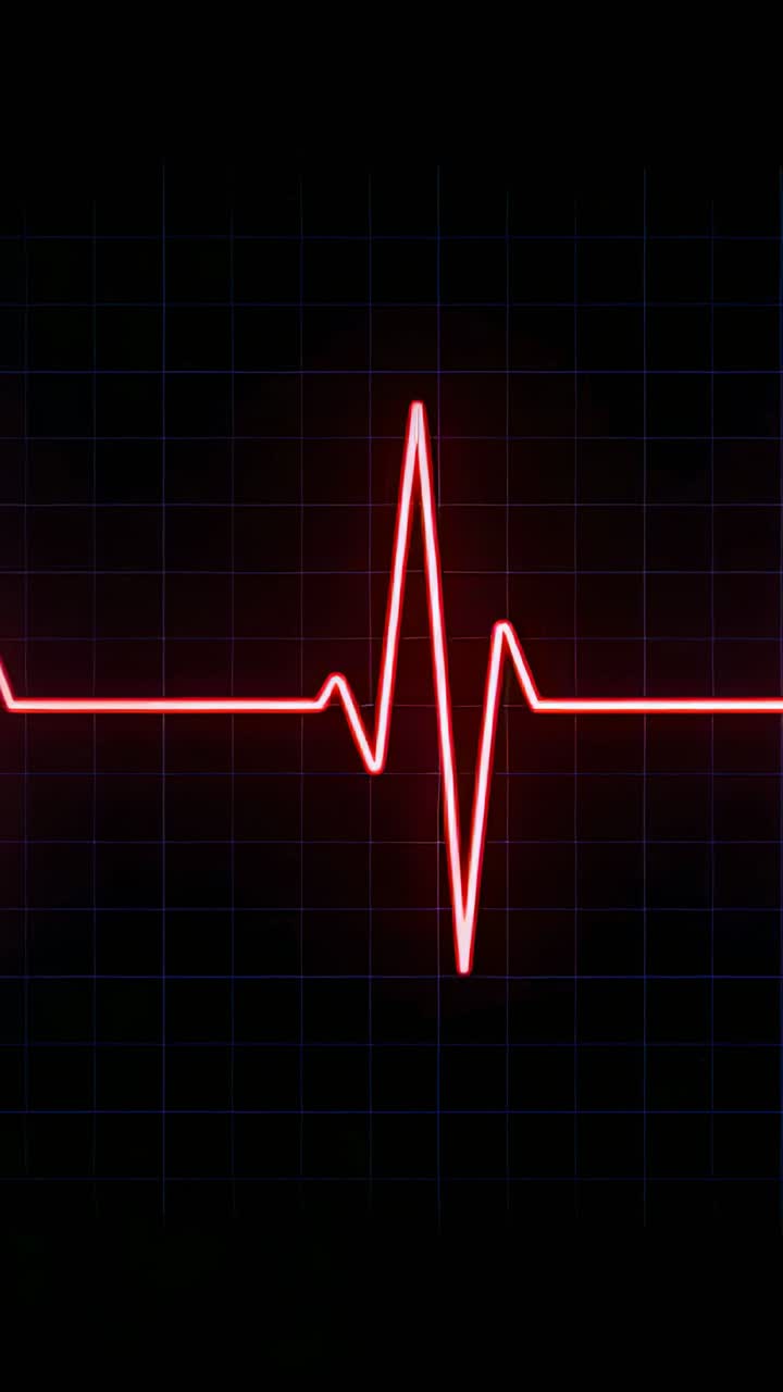 Video verticale: A partire dall'intaglio piatto, ECG al neon che pulsa su una griglia scura con bagliore, che mostra il battito