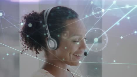 Animation-of-networks-of-connections-over-businesswoman-using-phone-headsets